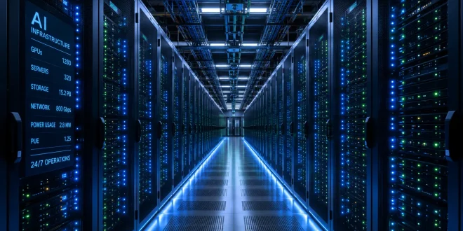 A high-tech, modern hyperscale data centre corridor featuring rows of server racks illuminated by blue and green LED status lights, highlighting the massive physical infrastructure driving modern AI computation