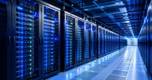 Rows of modern hyperscale data center server racks illuminated with blue LED lights inside a climate-controlled facility.