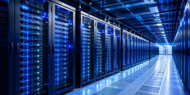 Rows of modern hyperscale data center server racks illuminated with blue LED lights inside a climate-controlled facility.