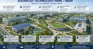 Labeled architectural rendering of an advanced technology park in India showcasing modern eco-friendly laboratories, research campuses, and tech incubation centers.
