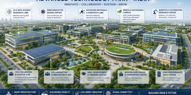 Labeled architectural rendering of an advanced technology park in India showcasing modern eco-friendly laboratories, research campuses, and tech incubation centers.