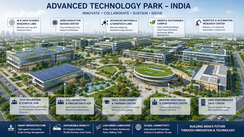Labeled architectural rendering of an advanced technology park in India showcasing modern eco-friendly laboratories, research campuses, and tech incubation centers.