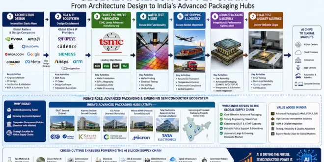 Detailed infographic mapping the global AI silicon supply chain, tracking the flow from architecture design and TSMC front-end wafer fabrication to India's domestic advanced packaging hubs.