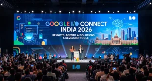 Google I/O Connect India 2026 keynote banner held in Bengaluru featuring agentic AI solutions and developer tools.