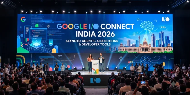 Google I/O Connect India 2026 keynote banner held in Bengaluru featuring agentic AI solutions and developer tools.
