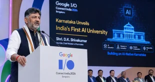 Karnataka Chief Minister D.K. Shivakumar addressing global developers at the Google I/O Connect India 2026 event in Bengaluru, announcing the AI University.