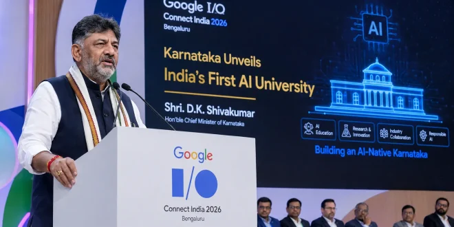 Karnataka Chief Minister D.K. Shivakumar addressing global developers at the Google I/O Connect India 2026 event in Bengaluru, announcing the AI University.