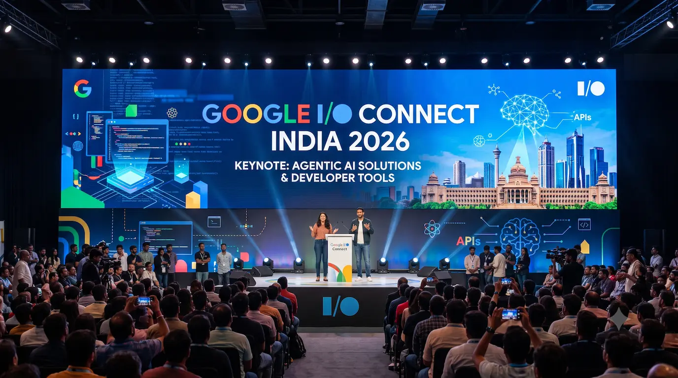 Google I/O Connect India 2026 keynote banner held in Bengaluru featuring agentic AI solutions and developer tools.