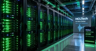 High-density server racks filled with glowing green lights inside HCLTech's new state-of-the-art AI data center in India.