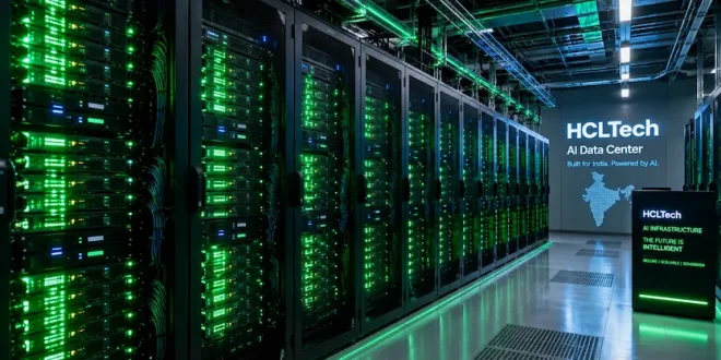 High-density server racks filled with glowing green lights inside HCLTech's new state-of-the-art AI data center in India.