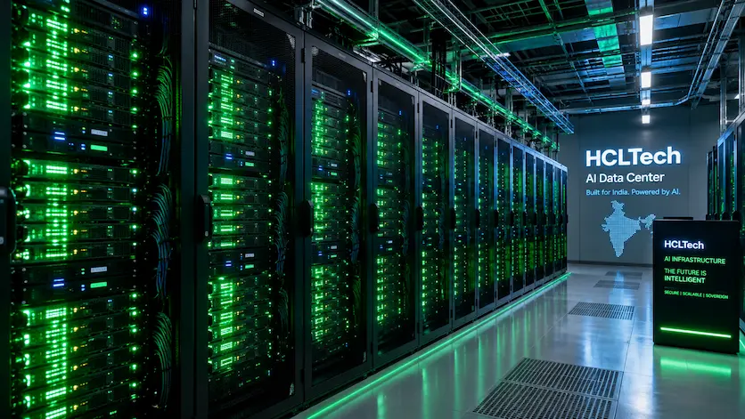 High-density server racks filled with glowing green lights inside HCLTech's new state-of-the-art AI data center in India.
