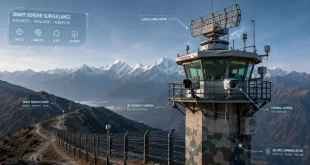 High-tech border surveillance tower with thermal cameras and radar array overlooking a mountain perimeter.