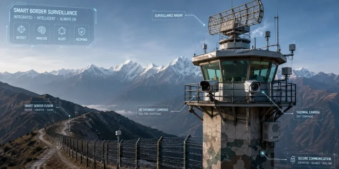 High-tech border surveillance tower with thermal cameras and radar array overlooking a mountain perimeter.
