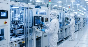 Technicians in cleanroom suits managing automated semiconductor fabrication equipment inside a high-tech electronics manufacturing plant.