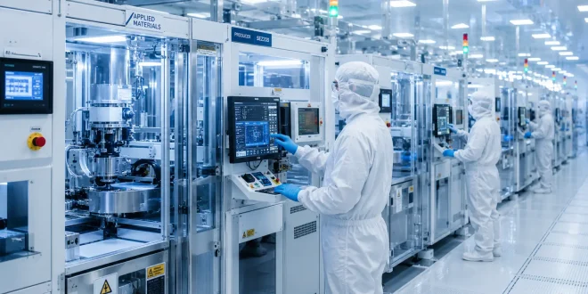 Technicians in cleanroom suits managing automated semiconductor fabrication equipment inside a high-tech electronics manufacturing plant.