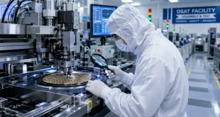 Cleanroom technician in protective white suit inspecting semiconductor wafer packaging equipment inside a high-tech OSAT facility.