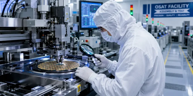 Cleanroom technician in protective white suit inspecting semiconductor wafer packaging equipment inside a high-tech OSAT facility.