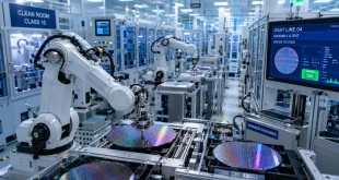 Industrial view of an advanced semiconductor clean room showing robotic arms handling silicon wafers for testing and packaging inside a modern OSAT facility.