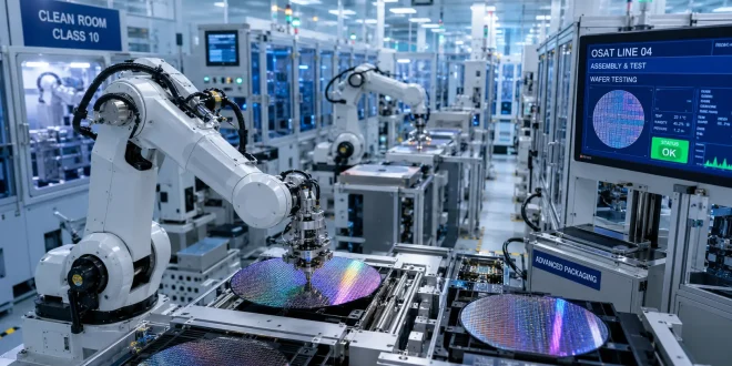 Industrial view of an advanced semiconductor clean room showing robotic arms handling silicon wafers for testing and packaging inside a modern OSAT facility.