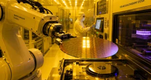 A high-tech cleanroom facility displaying an automated robotic arm handling an ultra-pure 300mm silicon wafer under soft yellow lithography lighting.