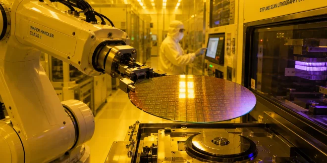 A high-tech cleanroom facility displaying an automated robotic arm handling an ultra-pure 300mm silicon wafer under soft yellow lithography lighting.