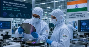 Engineers wearing cleanroom suits inspecting advanced silicon wafers inside a state-of-the-art semiconductor fabrication facility in India, representing the country's growing AI, defence, electronics manufacturing and semiconductor ecosystem.