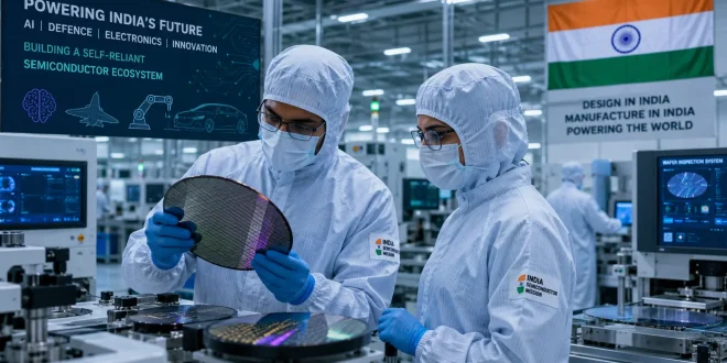 Engineers wearing cleanroom suits inspecting advanced silicon wafers inside a state-of-the-art semiconductor fabrication facility in India, representing the country's growing AI, defence, electronics manufacturing and semiconductor ecosystem.