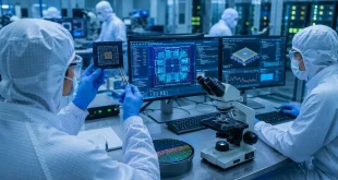 Engineers working on an advanced semiconductor microchip architecture inside a cleanroom lab environment.