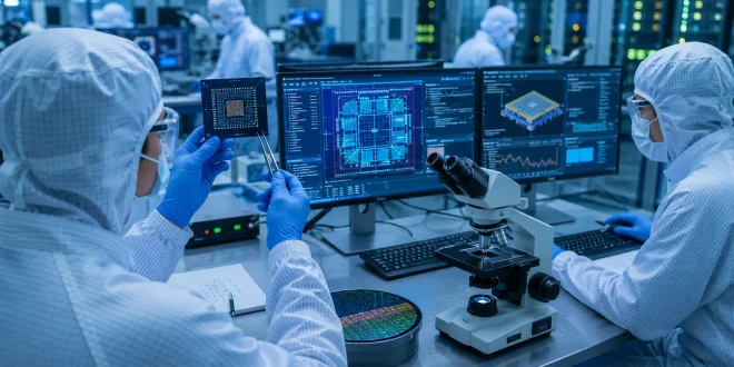 Engineers working on an advanced semiconductor microchip architecture inside a cleanroom lab environment.