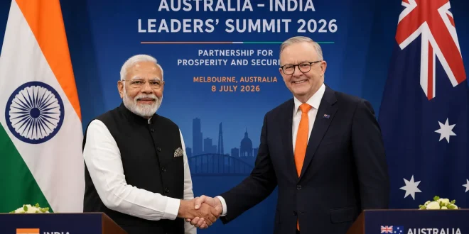 Prime Minister Narendra Modi and Australian Prime Minister Anthony Albanese shaking hands at the Australia-India Leaders Summit 2026 against official diplomatic backdrops.