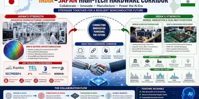 Infographic charting the India-Japan high-tech hardware corridor, showing Japan's advanced 2nm wafer fabrication interlocking with India's chip design hubs and OSAT packaging facilities.