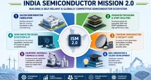 Diagram illustrating India Semiconductor Mission 2.0 pillars including silicon fab, packaging, equipment, and chip design.