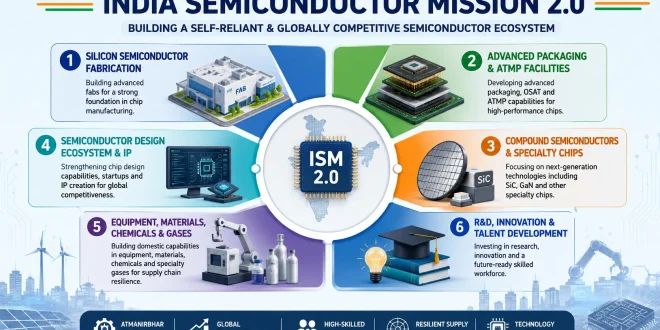 Diagram illustrating India Semiconductor Mission 2.0 pillars including silicon fab, packaging, equipment, and chip design.