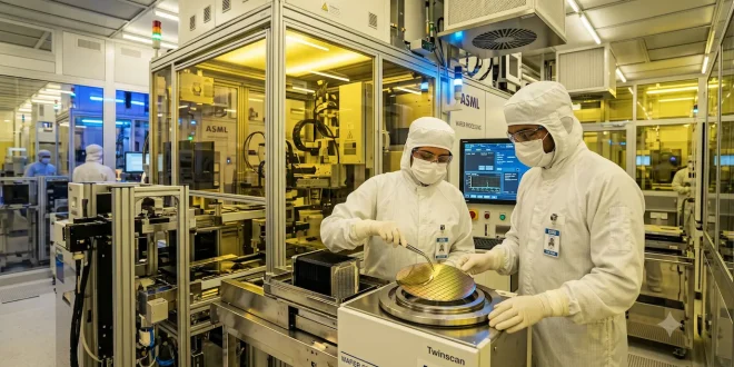 Clean-room engineers wearing protective suits handling a silicon semiconductor wafer inside an advanced manufacturing facility.