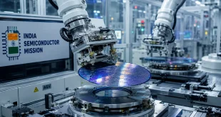 Close-up of an industrial cleanroom showing automated robotic arms handling high-precision silicon wafers inside a modern semiconductor fabrication plant under the India Semiconductor Mission.