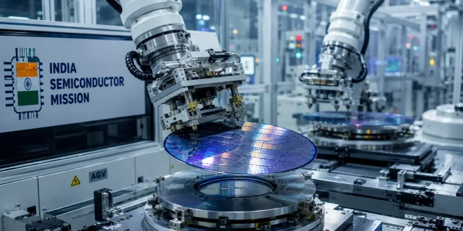 Close-up of an industrial cleanroom showing automated robotic arms handling high-precision silicon wafers inside a modern semiconductor fabrication plant under the India Semiconductor Mission.