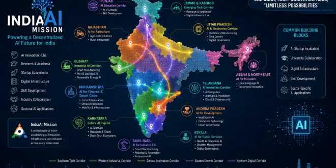 A conceptual map of India highlighting regional tech corridors, symbolizing decentralized AI growth in Indian states under the national IndiaAI Mission.