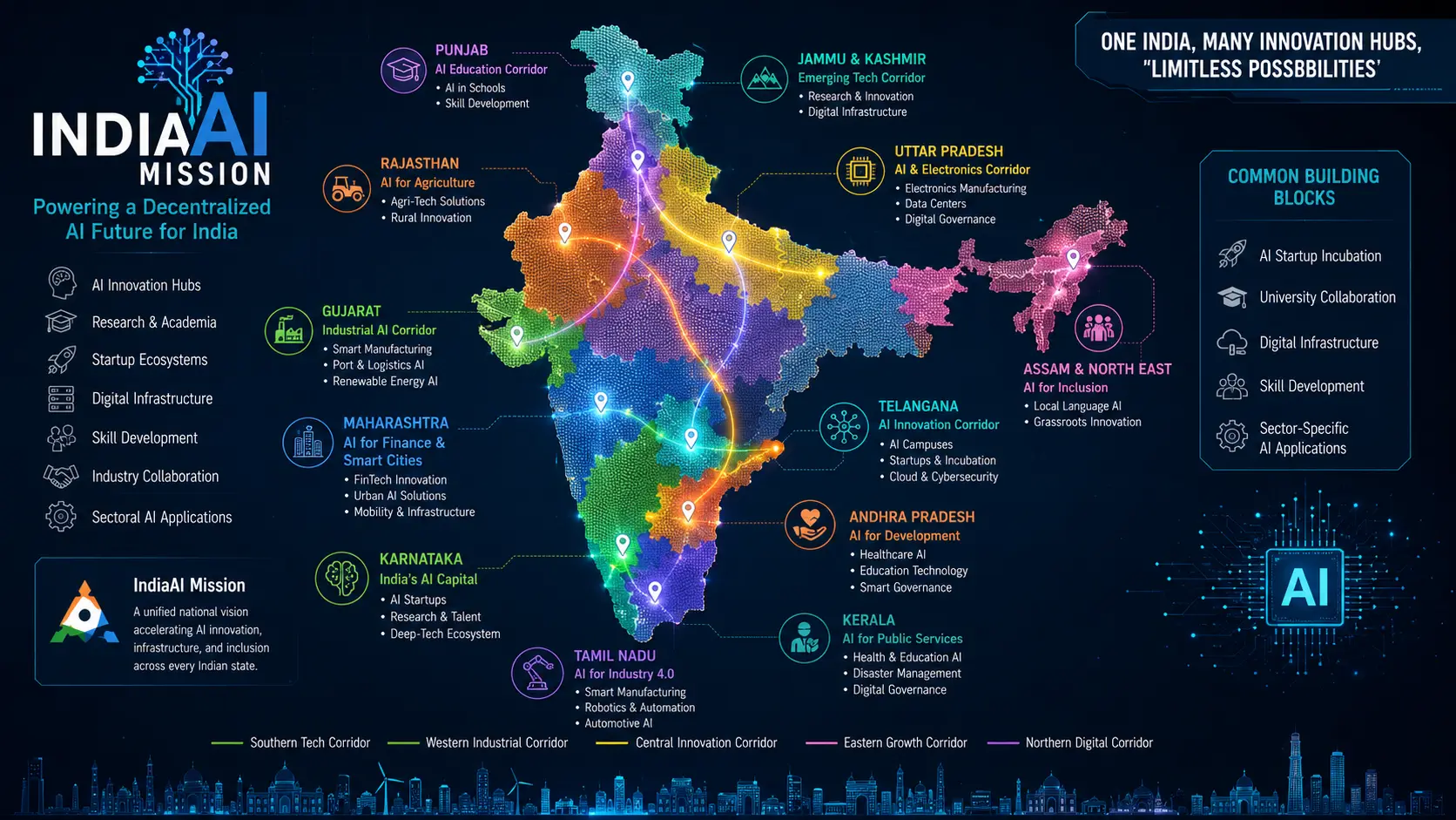 A conceptual map of India highlighting regional tech corridors, symbolizing decentralized AI growth in Indian states under the national IndiaAI Mission.