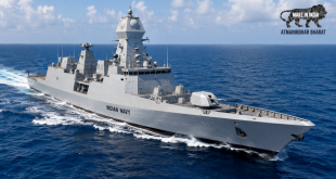 An indigenous Indian Navy stealth destroyer warship sailing through deep blue ocean waters during sea trials, symbolizing India's expanding maritime manufacturing capabilities.