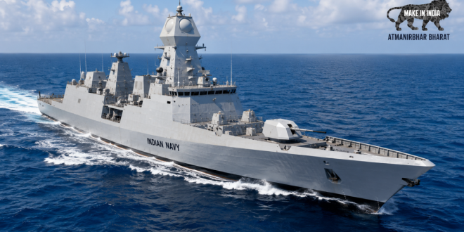 An indigenous Indian Navy stealth destroyer warship sailing through deep blue ocean waters during sea trials, symbolizing India's expanding maritime manufacturing capabilities.