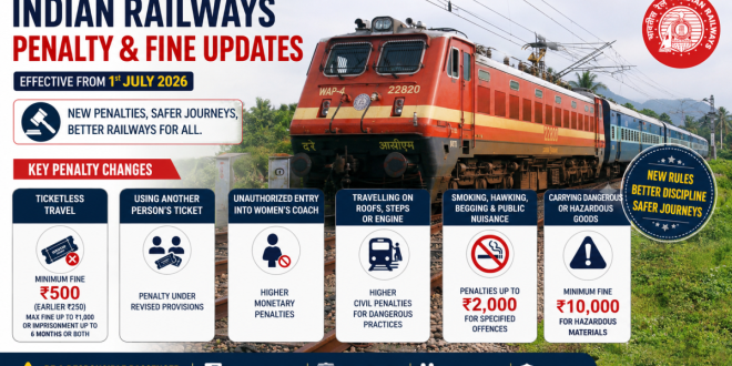 An Indian Railways passenger train moving along the tracks with a digital overlay showing the new July 2026 penalty and fine updates.