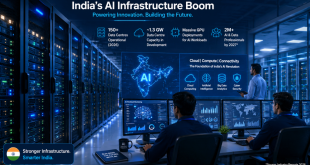 Modern AI data centre in India with high-performance servers, cloud computing infrastructure, and engineers monitoring advanced artificial intelligence systems.