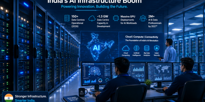 Modern AI data centre in India with high-performance servers, cloud computing infrastructure, and engineers monitoring advanced artificial intelligence systems.