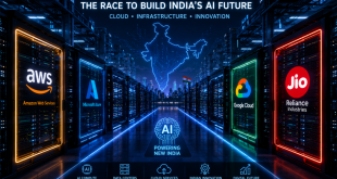 Modern AI data center in India with glowing server racks displaying logos representing Amazon AWS, Microsoft Azure, Google Cloud and Reliance Jio, symbolizing the competition to build India's AI infrastructure.