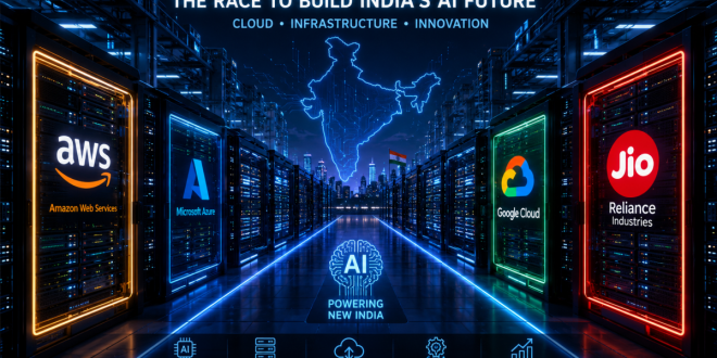 Modern AI data center in India with glowing server racks displaying logos representing Amazon AWS, Microsoft Azure, Google Cloud and Reliance Jio, symbolizing the competition to build India's AI infrastructure.