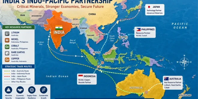 A colorful political map highlighting India alongside major resource partners in the Indo-Pacific region, including Australia and Indonesia, illustrating strategic trade routes.