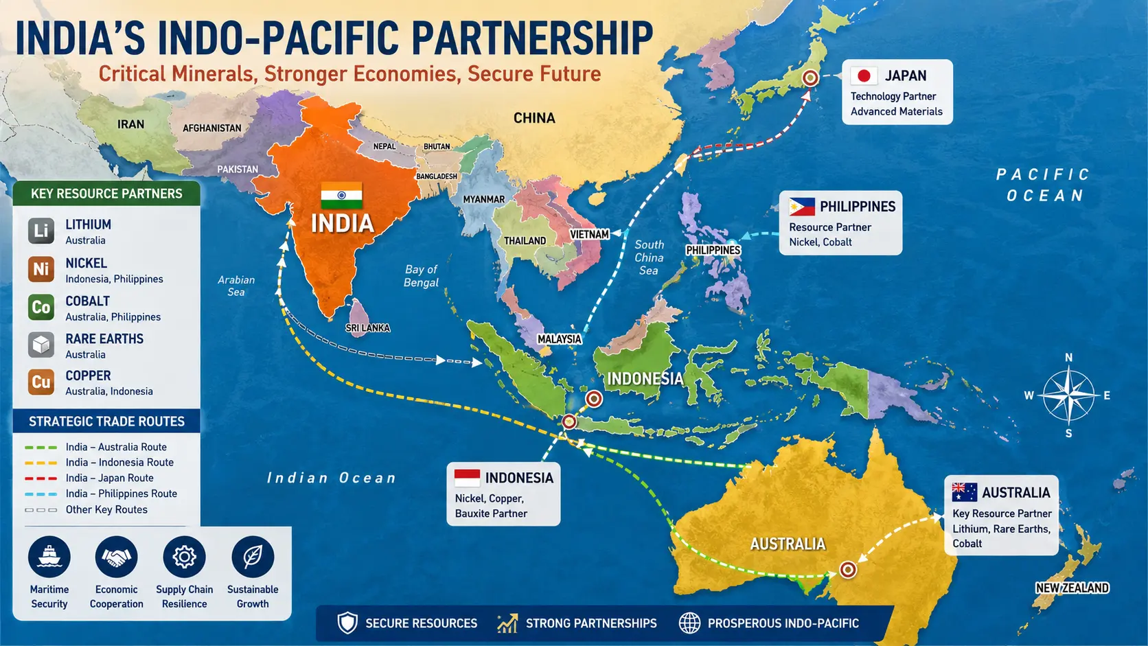 A colorful political map highlighting India alongside major resource partners in the Indo-Pacific region, including Australia and Indonesia, illustrating strategic trade routes.