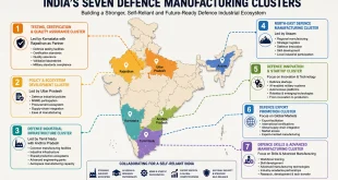 Map showing India's seven proposed specialized defence manufacturing clusters across various states.