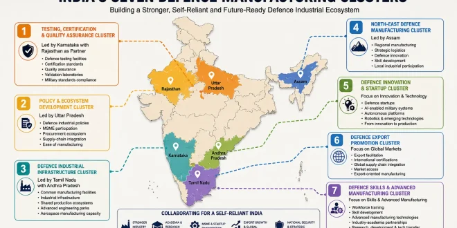 Map showing India's seven proposed specialized defence manufacturing clusters across various states.