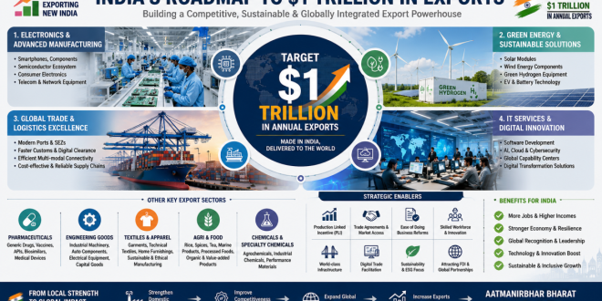 Infographic displaying India's strategic plan to achieve $1 trillion in annual exports, highlighting electronics factories, green energy infrastructure, automated shipping ports, and advanced IT services hubs.
